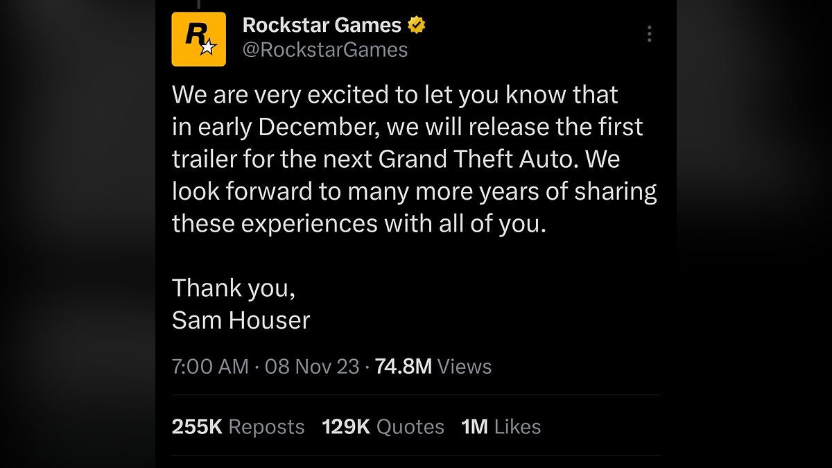 The tweet announcing the GTA 6 trailer set a record