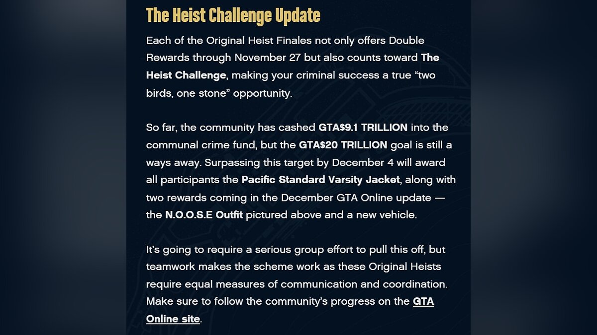 GTA Online players have already collected $9.1 trillion out of $20 trillion in The Heist Challenge. Exciting rewards await